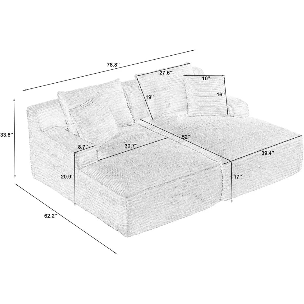 79 Inches Oversized Sectional Double Chaise Lounges Indoor, Corduroy Upholstered Boneless Cloud Stupendous Oversized Chaise Loun