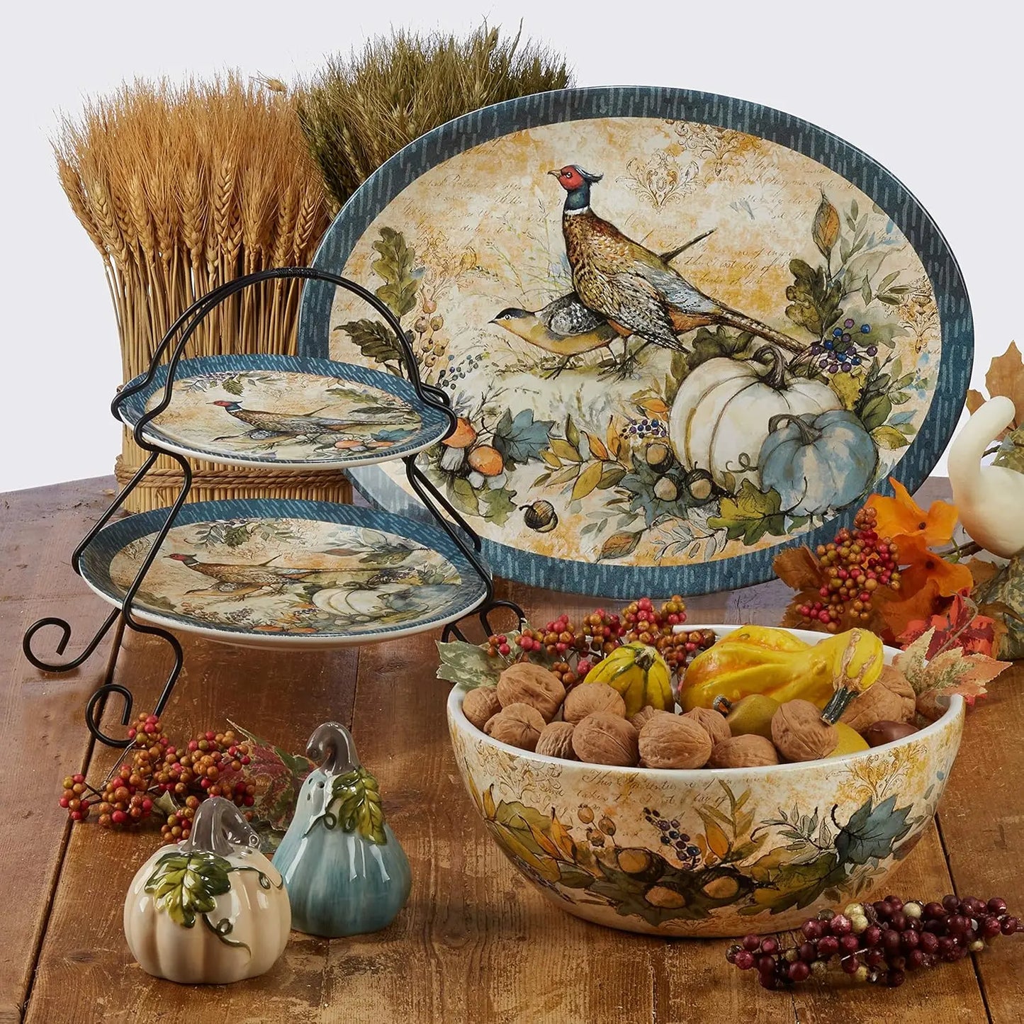 Harvest Gatherings 16-Piece Ceramic Dinnerware Set, Service for 4 - Multicolor Fall Plates, Bowls & Mugs with Pumpkin & Pheasant