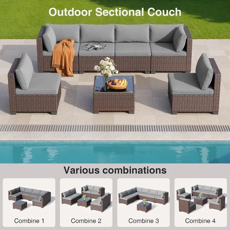 Qsun 7 Piece Outdoor Patio Furniture Set with PE Rattan Wicker Sectional Seating