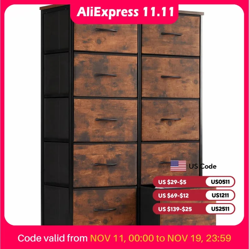 JHK Bedside Table For Bedroom With 10 Fabric Drawers Wardrobe Steel Frame Closet For Storage Cabinet Living Room Of Furniture