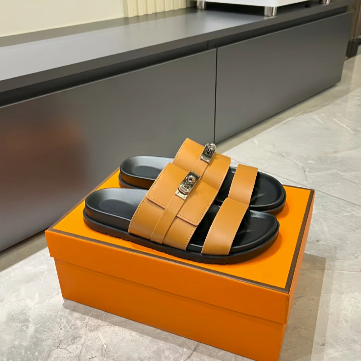 Luxury Women’s Leather Buckle Slide Sandals