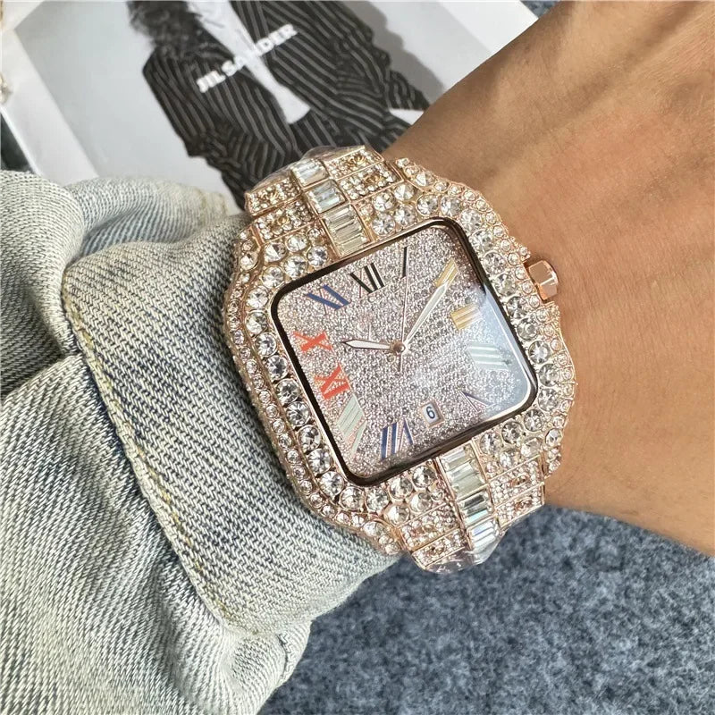 Luxury Iced-Out Square Men’s Watch. Diamond Style Fashion Timepiece