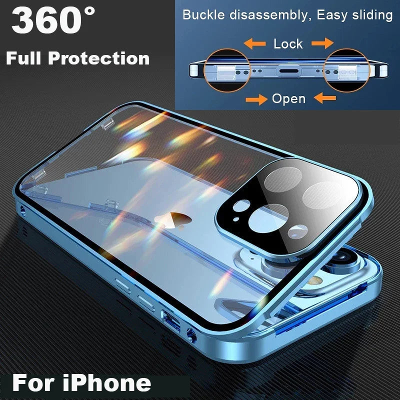 360 Full Protection Metal Magnetic Double Sided Glass Snap Lock Phone Case Shockproof Cover