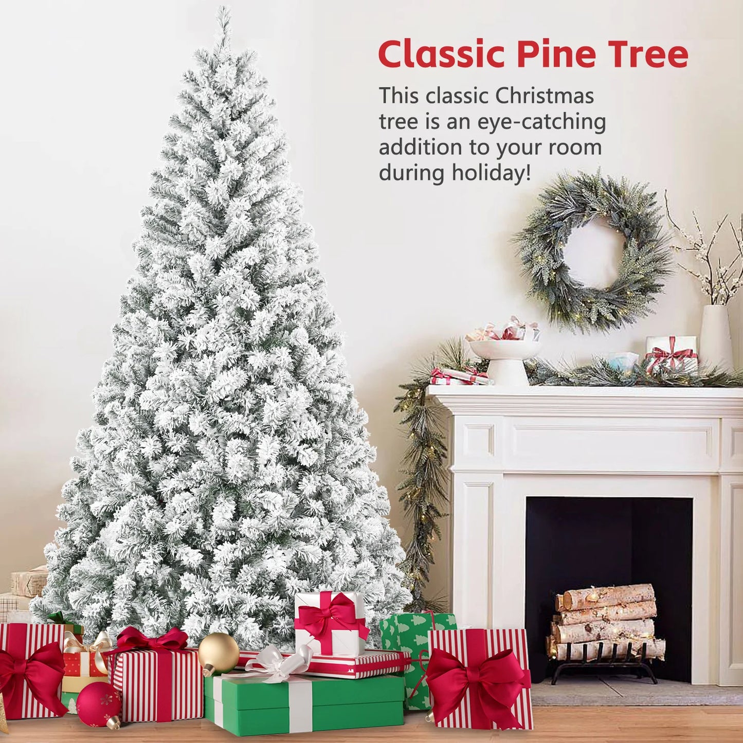 7FT Snow Flocked Artificial Christmas Tree . Full Holiday Tree with Realistic Branches & Sturdy Metal Stand