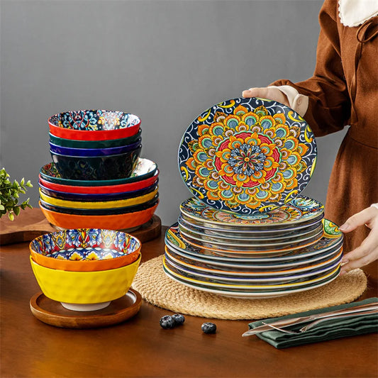 24 Piece Bohemia Retro Plates and Bowls Ceramic Dinnerware Set Stoneware Dinner/Dessert Plate Salad Soup Bowls Tableware Set