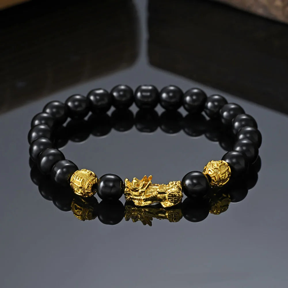 Feng Shui Wealth & Luck Black Bead Bracelet with Gold-Tone Accents