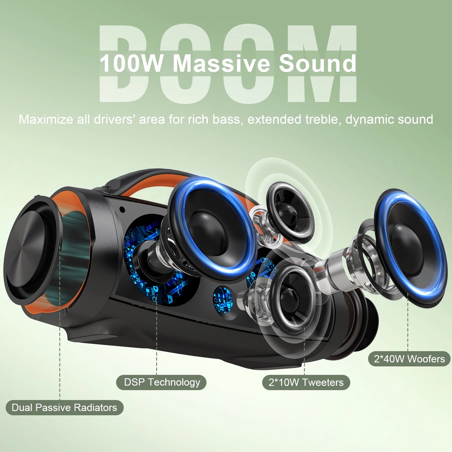 DOSS 100W Portable Bluetooth 5.3 Speaker with Deep Bass, Stereo Sound, IPX6 Waterproof & Long Battery Life