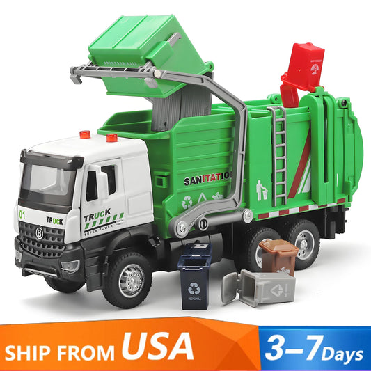 Alloy garbage truck toys, sanitation truck with lights and sounds, simulation recycling features, ideal gift for boys
