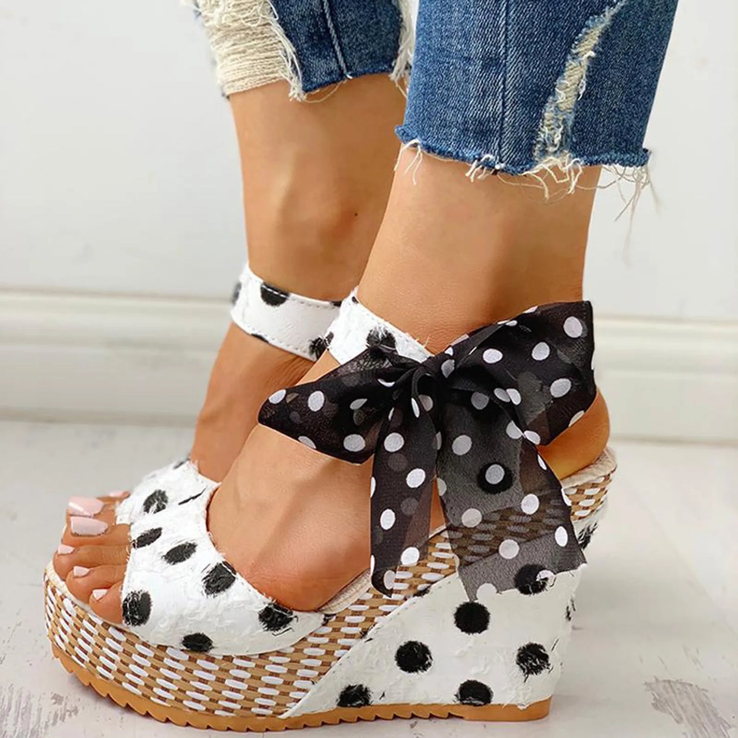 2025 Women Sandals Lace Casual Boknot Soft Wedges Heeled Women Sandals Summer Sandals Party Platform High Heels Shoes Woman