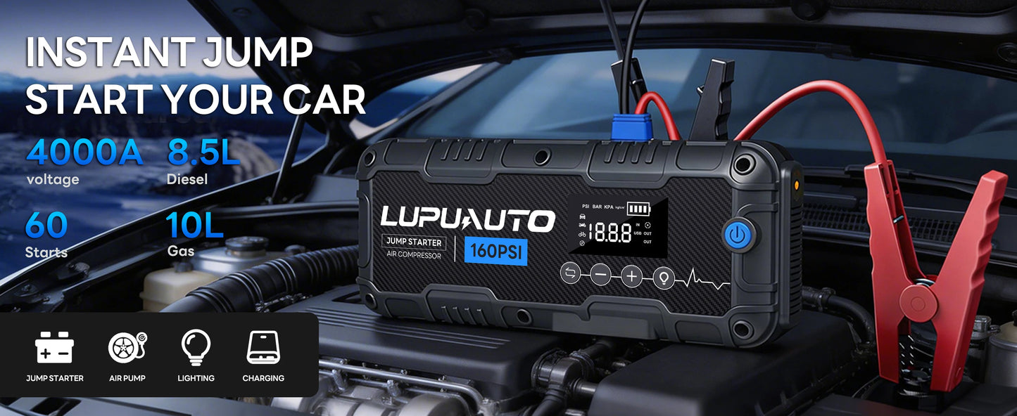 7000A Portable Car Jump Starter with Air Compressor | Battery Booster Pack | Digital Tire Inflator | Power Bank & LED Emergency Light
