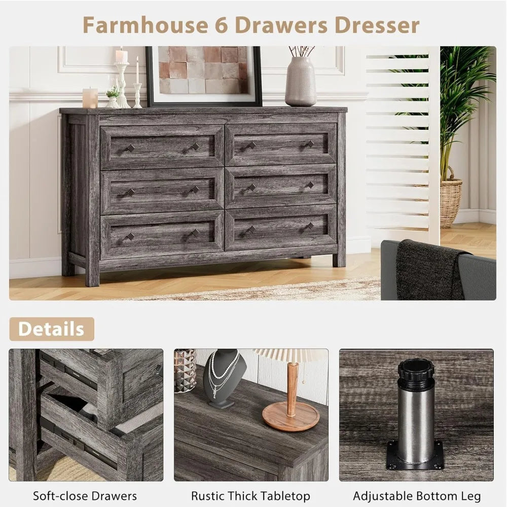 4 Pieces Farmhouse Bedroom Furniture Set, 1 X 5 Drawer Dresser, 1 X Rustic 6 Drawer Storage Dresser, Nightstand Set of 2 with Ch