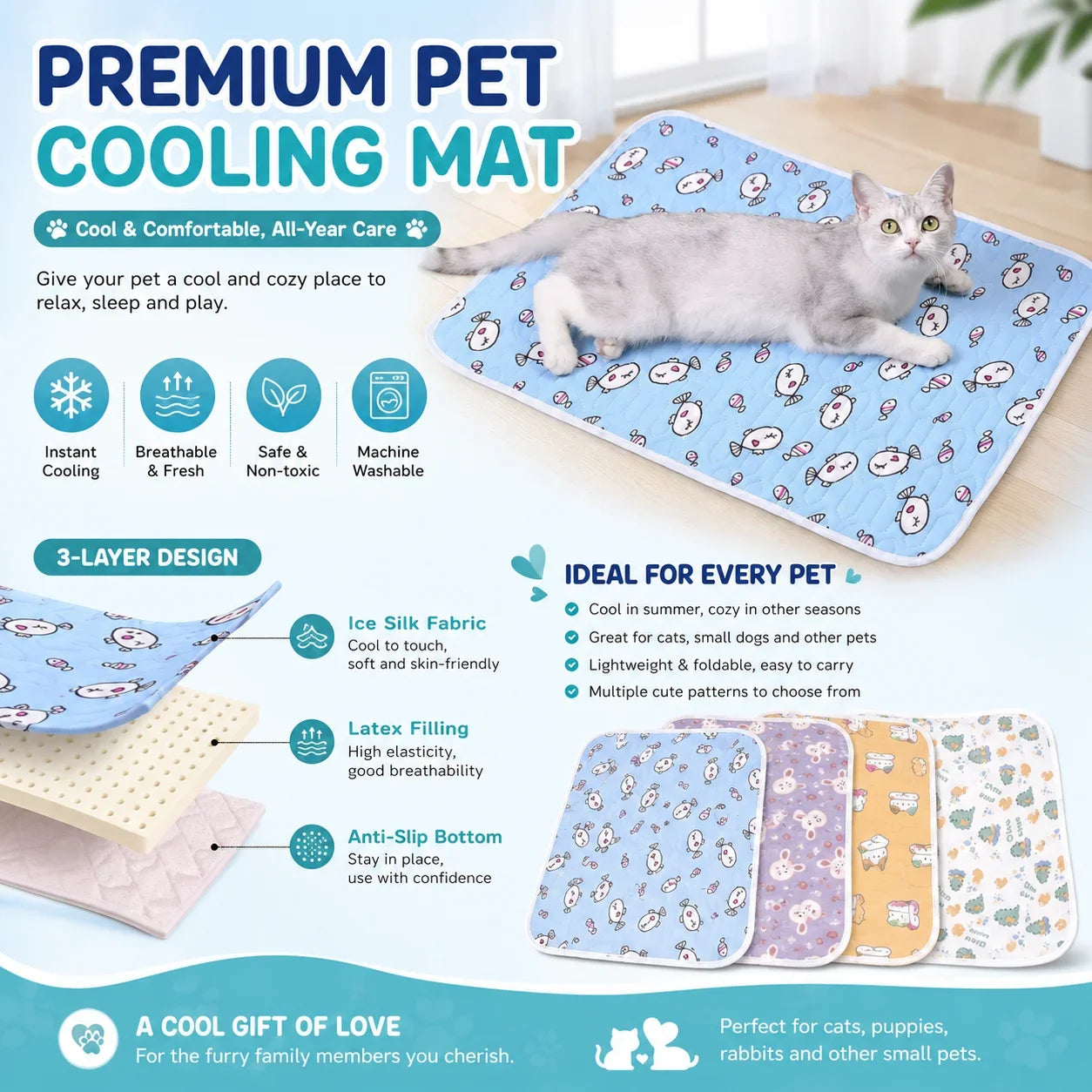 Cute Cartoon Cooling Sleeping Mat for Dogs & Cats. Soft Breathable Summer Pet Bed Pad