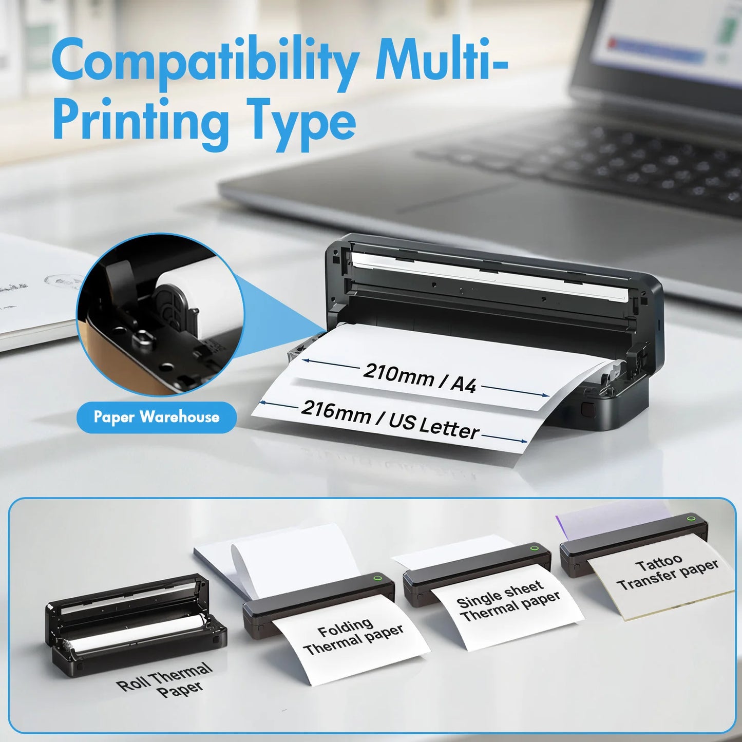 Portable Wireless Thermal Printer for A4, Letter, A5 & B5 Documents, Bluetooth Inkless Mobile Printer for Home, Office & Travel