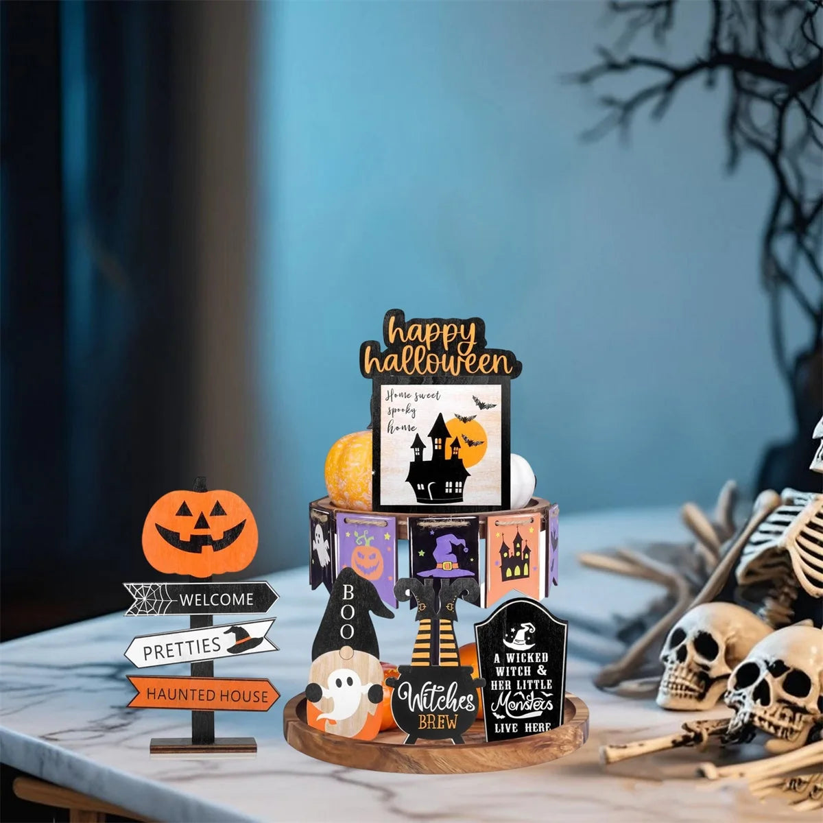 Spooky Halloween Tiered Tray Decor Set With Wooden Pumpkin
