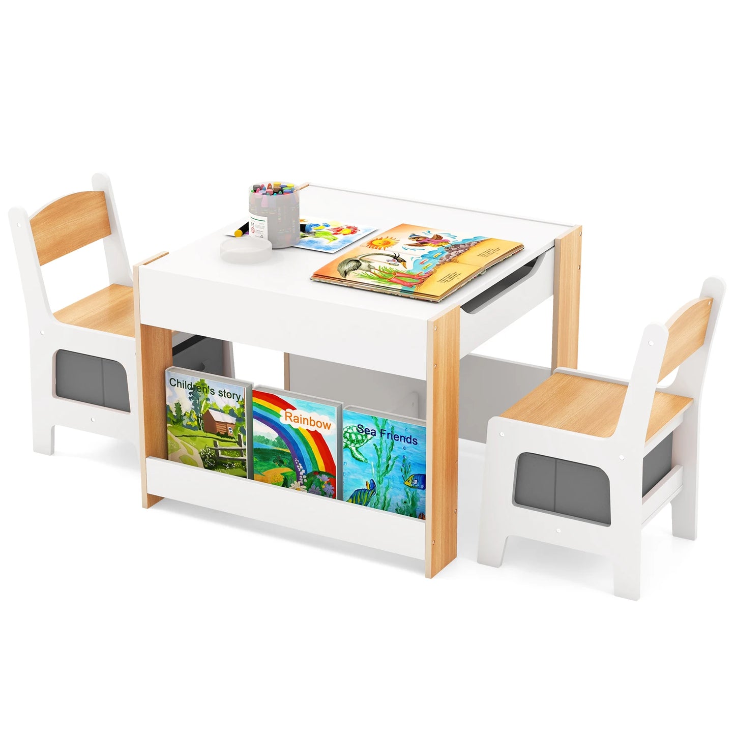 4-in-1 Kids Activity Table & Chair Set with Bookshelves and Storage Bins