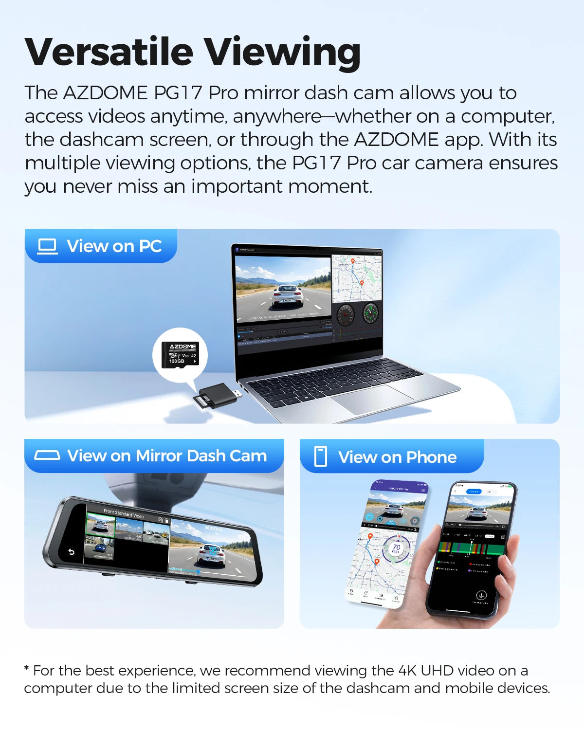 AZDOME 4K+2.5K Dash Cam PG17 Pro Dual HDR Rear View Mirror Camera STARVIS2 Sensor 5G WiFi OTA Upgrade Timeline Playback