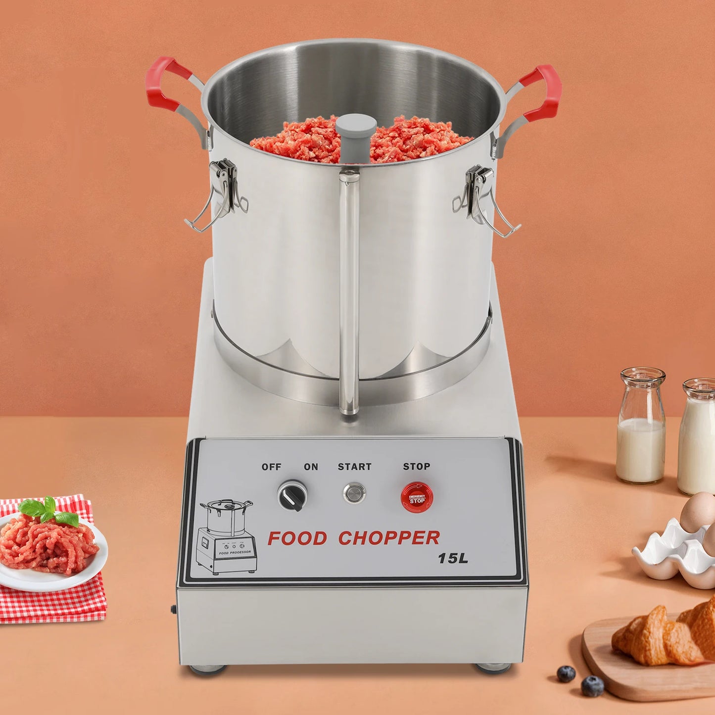 15L 201 Stainless Steel Silver Food Processor Chopping Machine 110V ,Tabletop 1400rpm for Restaurants, Cafeterias