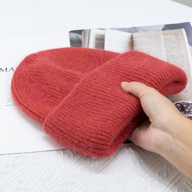 Warm Cashmere Wool Beanie For Women Rabbit Fur Threefold Cap