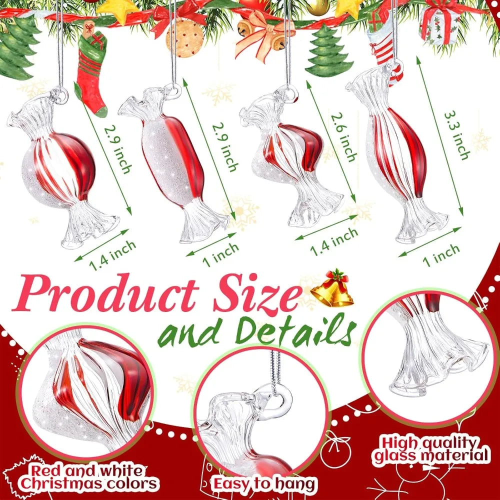 Syhood 12 Pcs Christmas Glass Candy Ornaments - Red White Candy Lollipop Hanging Ornaments for Xmas Tree Party Decoration
