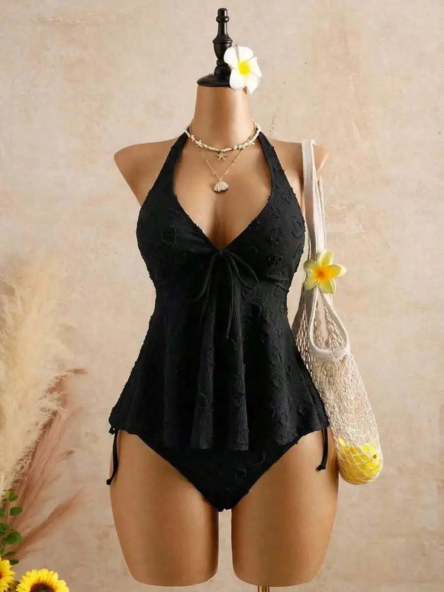 Women’s Halter Neck Swim Dress | Lace Texture One-Piece Swimsuit with Tummy Control