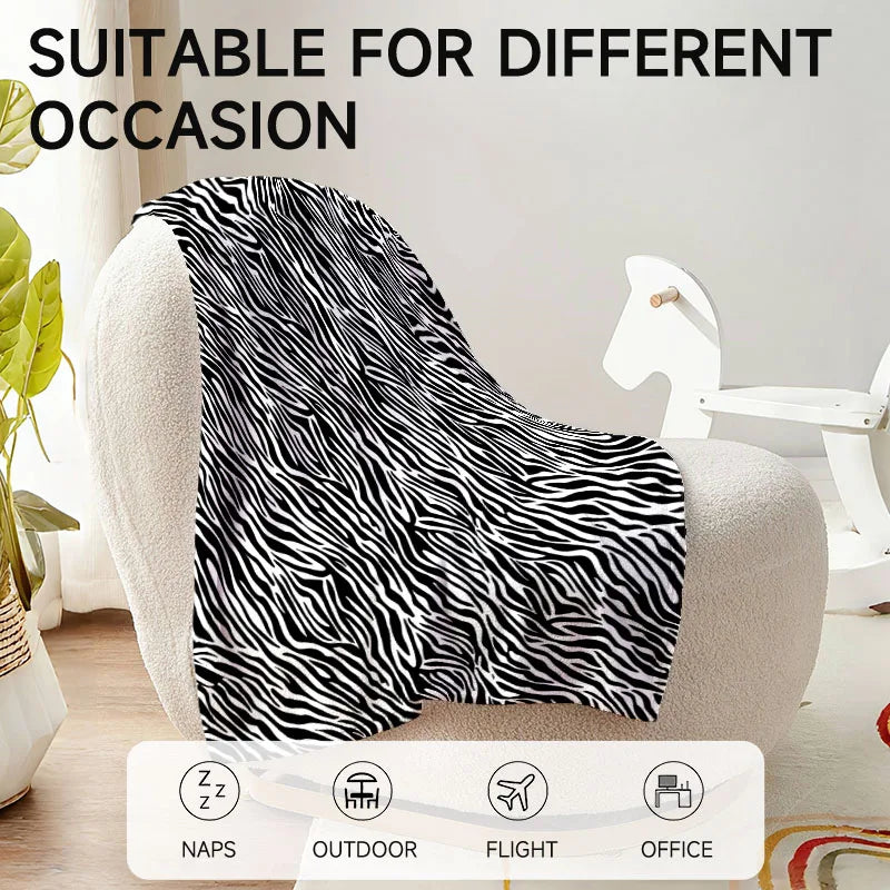 1 piece zebra print flannel blanket, black and white, soft, suitable for sofa, bed, office, all-season use.