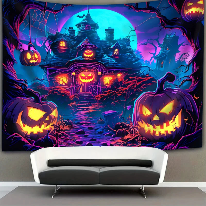 Glow In The Dark Pumpkin Tapestry With Easy Install Kit