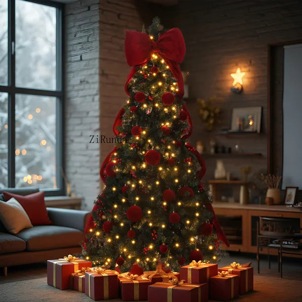 7.5 FT Pre-Lit Artificial Christmas Tree – 300 Warm White LED Lights with Red Ribbon, Holiday Home Décor & Metal Stand