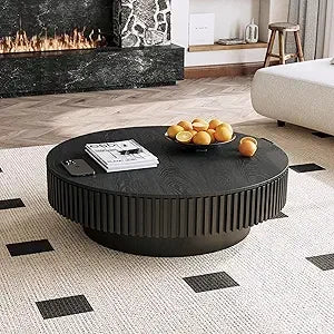 Round Coffee Table, Modern Black Side Table End Table for Living Room, Wood Circle Drum Coffee Table with Handcrafted Relief,