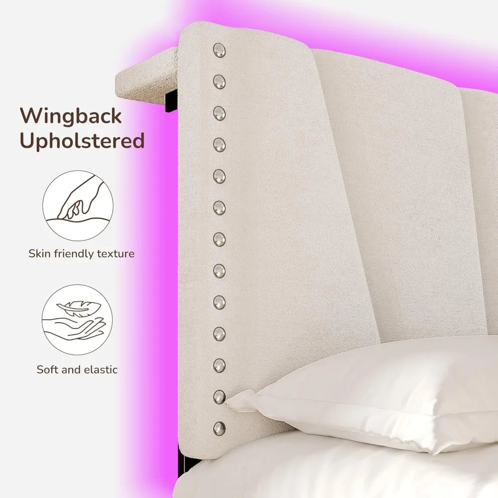 Queen Bed Frame With Velvet Headboard And Led Lights