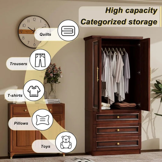 Solid Wood Armoire Wardrobe Closet, 2 Door Modern Solid Wood Wardrobe Cabinet with 2 Drawers, Armoire Closet with Hanging Rods C