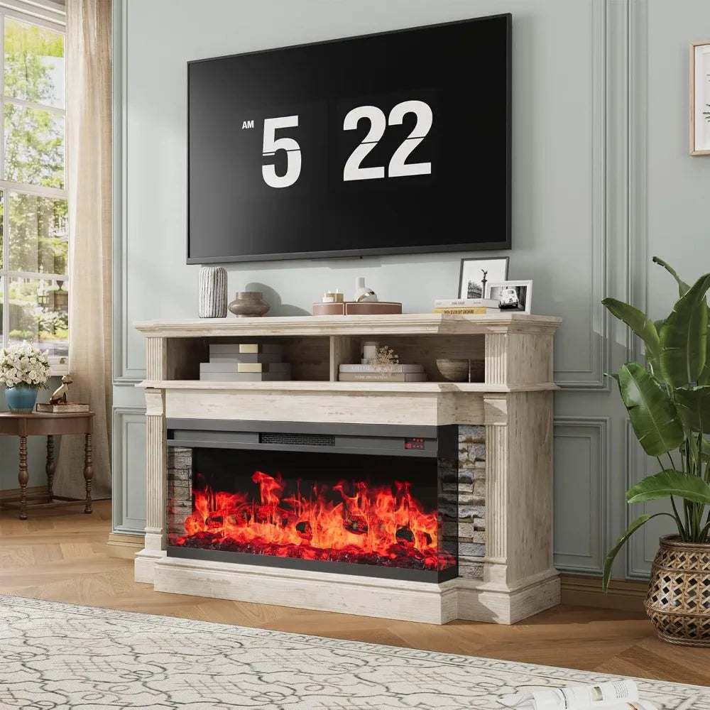 Fireplace TV Stand for TVs up to 65", Farmhouse 52"Fireplace Entertainment Center with 36" 3-Side Glass Electric Fireplace, TV C
