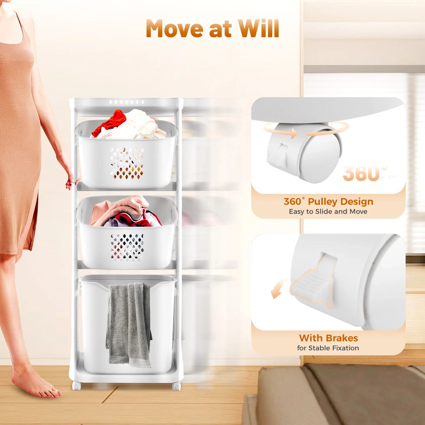 4-Tier Rolling Laundry Hamper and Bathroom Storage Organizer with Wheels