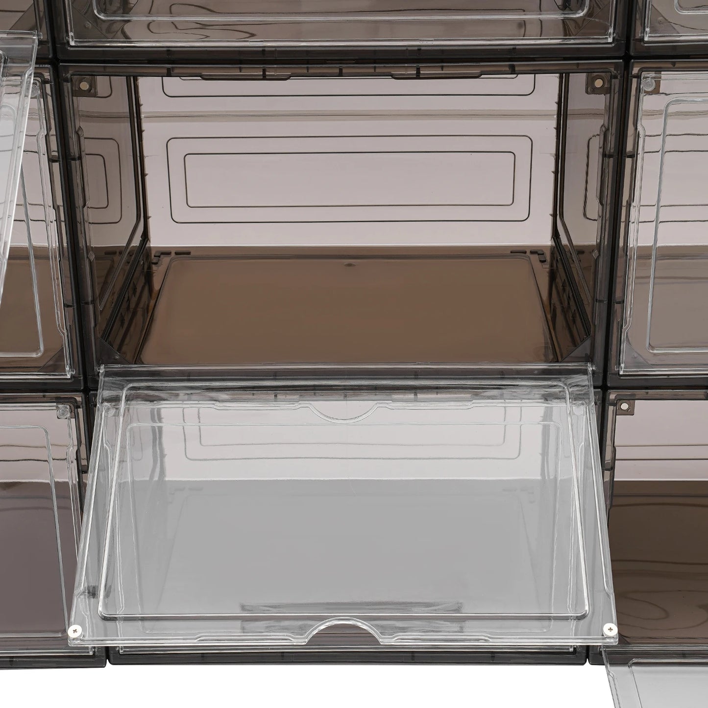 12PCS Stackable Shoe Boxes Free Standing Shoe Containers Multifunctional Acrylic Shoe Display Cabinets with Magnetic Door