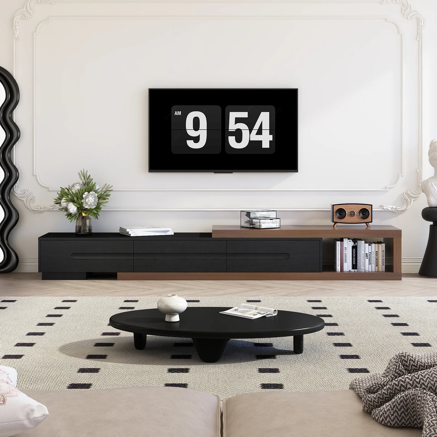 82-110'' Extendable TV Stand for Up to 120"TV, Wood Reversible TV Media Console w/3 Drawers & Open Storage Shelf for Living Room