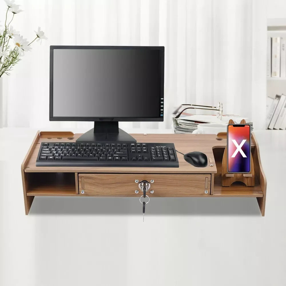 Wooden Monitor Riser Stand with Storage Drawer, Computer Monitor & Laptop Stand, Desktop Organizer for Home Office