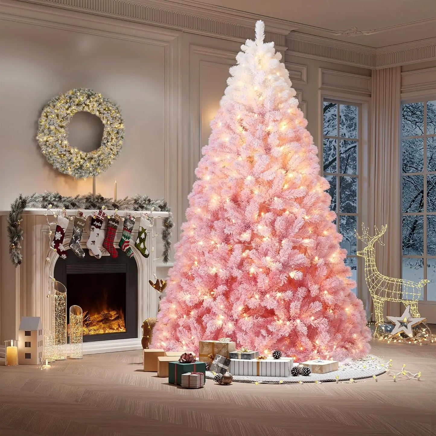 9Ft Pre-Lit Artificial Christmas Tree, 100 Warm LED Lights | Snow Flocked Full Pre Lighted Xmas Tree, 300 Branch Tips & Foldable Stand, Easy Assembly, Holiday Decor for Indoor & Outdoor