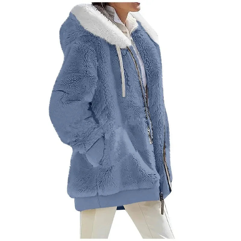 Women's Casual Hooded Winter Coat – Long Sleeve Fleece-Lined Zip-Up Jacket