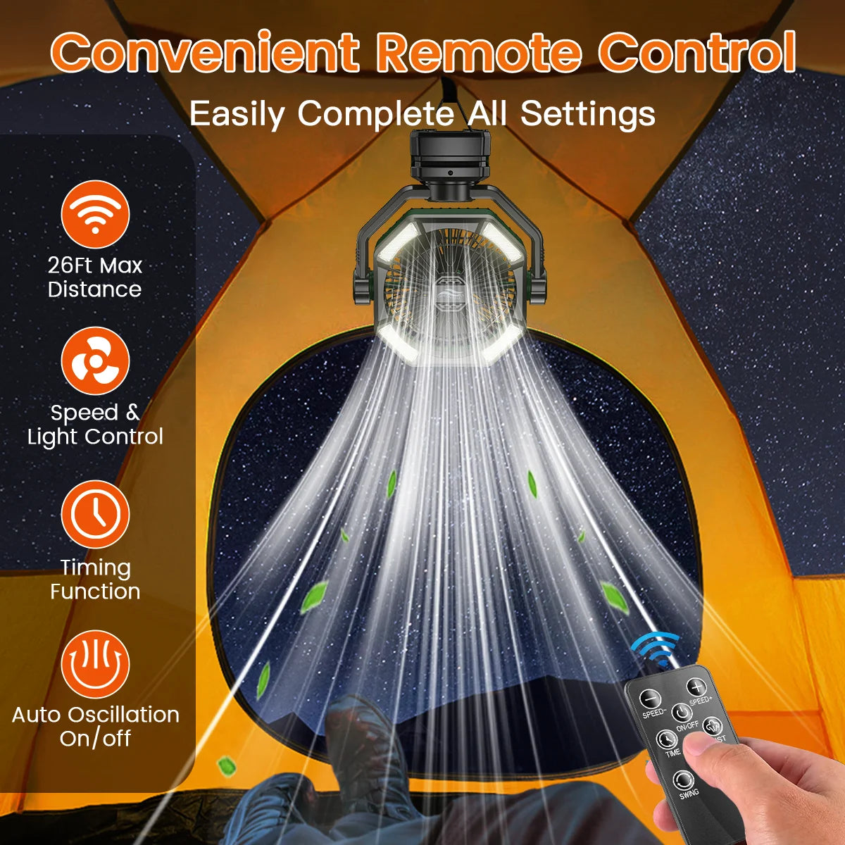 SKYTOO Rechargeable Camping Fan – 20,000mAh Portable Battery Fan with LED Lantern, Remote Control & Hanging Hook for Camping, RV, Tent & Emergency Use