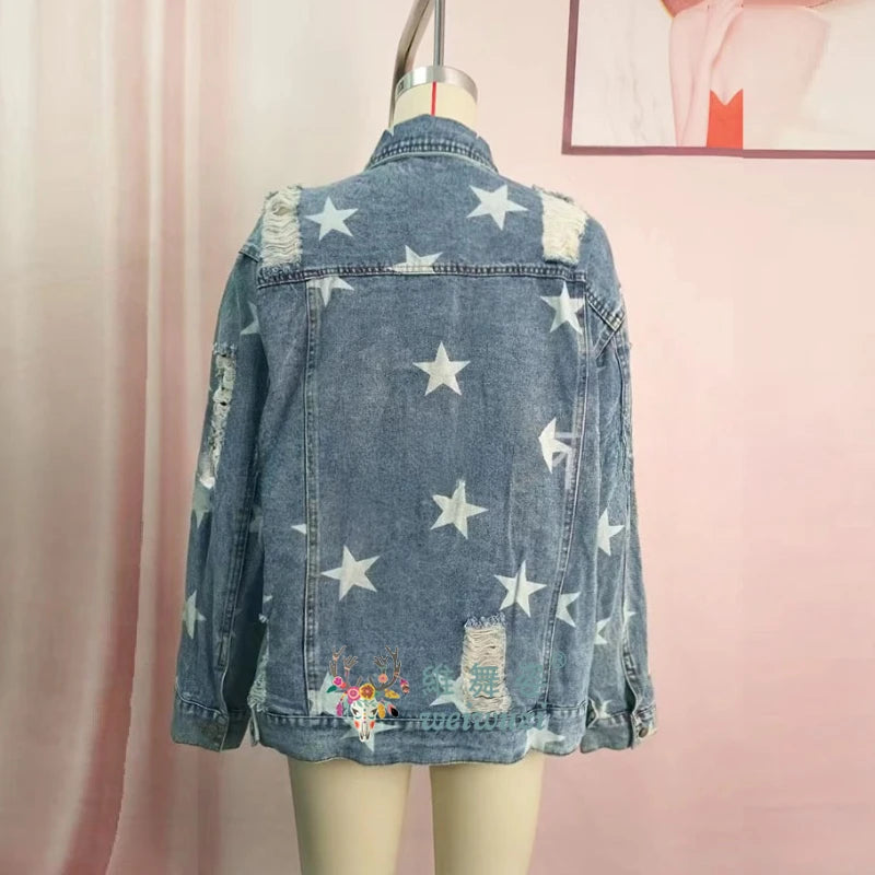 Women Denim Jacket Star Pattern Ripped Detail Casual