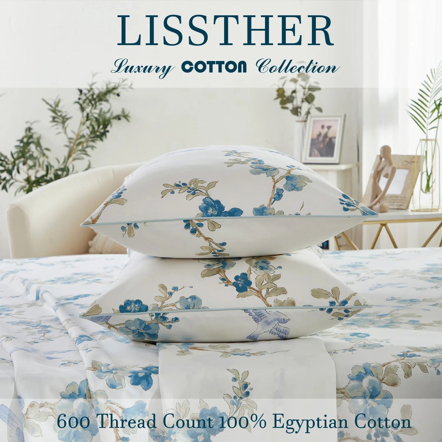 3pcs 600TC 100% Egyptian Cotton Duvet Cover Set, Blue Watercolor Floral, Soft Breathable Skin-Friendly (No Inserts)