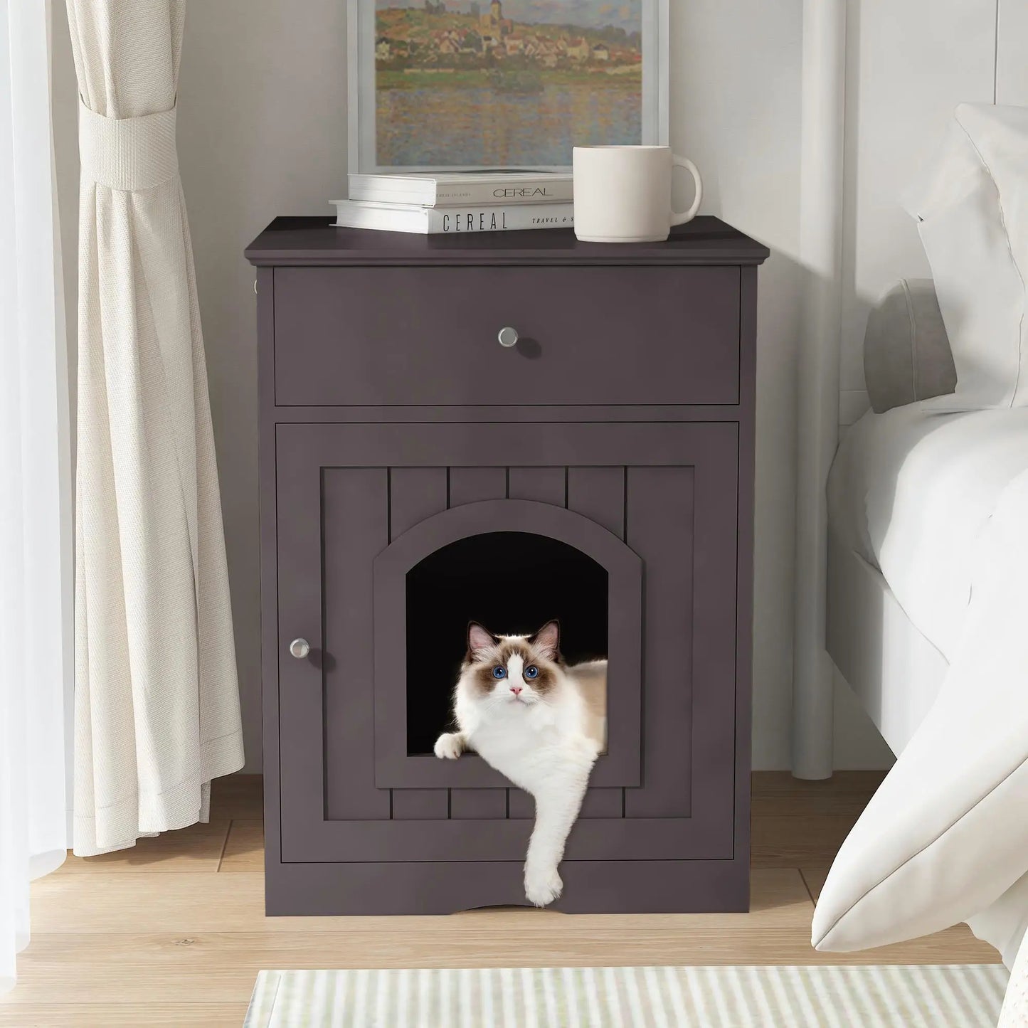 Wooden Cat Litter Box Enclosure with Drawer - Indoor Pet House & Side Table Nightstand (Brown) for Cats