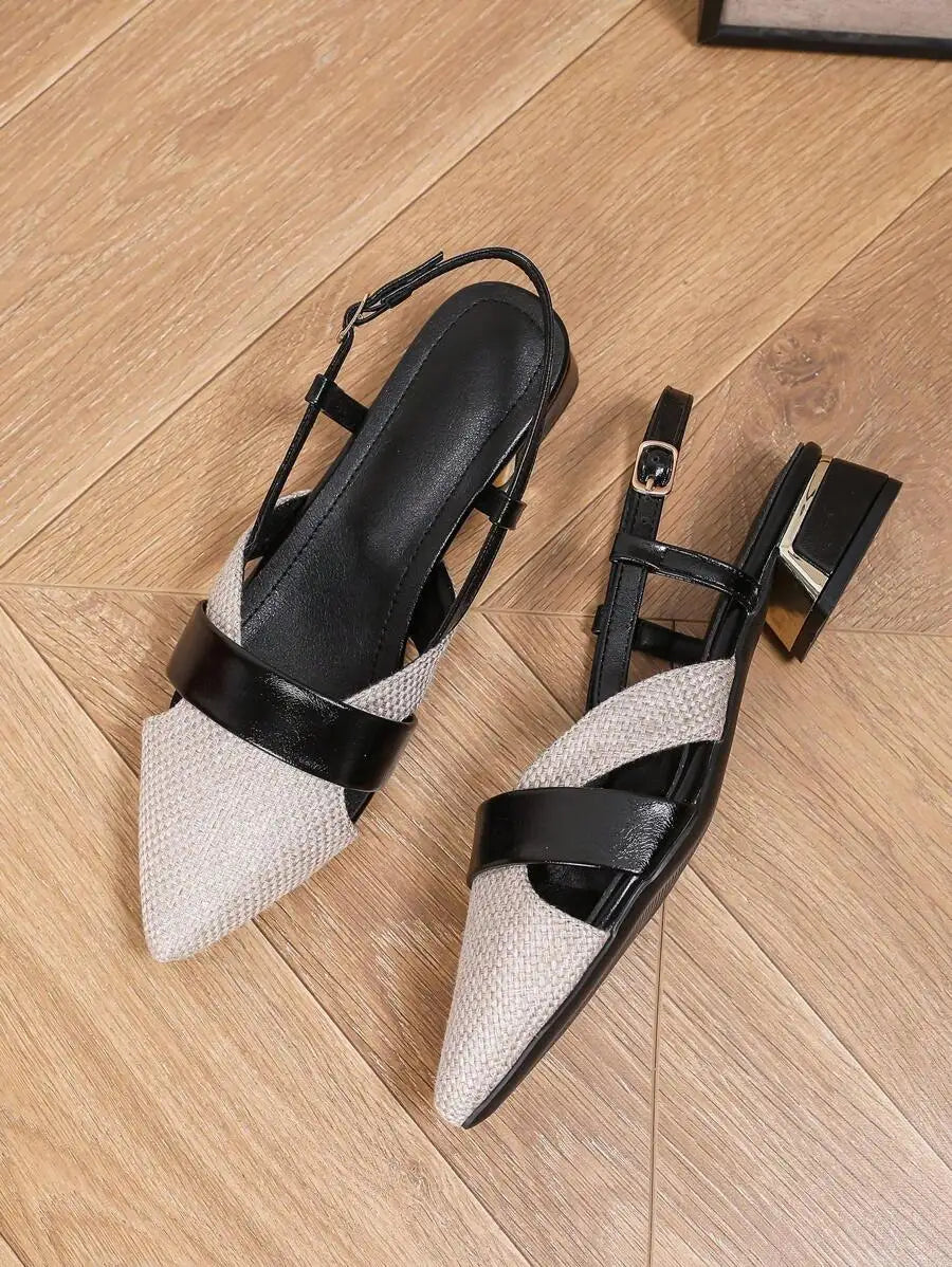2025 Autumn Women's Pointed Toe Metal Heeled Stylish Slip-On Mule Shoes Backless Loafer Slip-On Flats