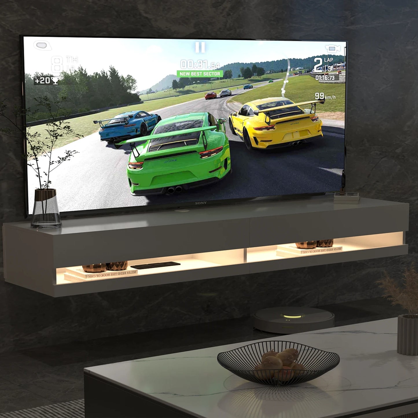 71" Floating TV Stand for 75/80" TV, Wall Mounted LED TV Stand w/Power Outlets, Modern High Gloss Media Console, White/Black