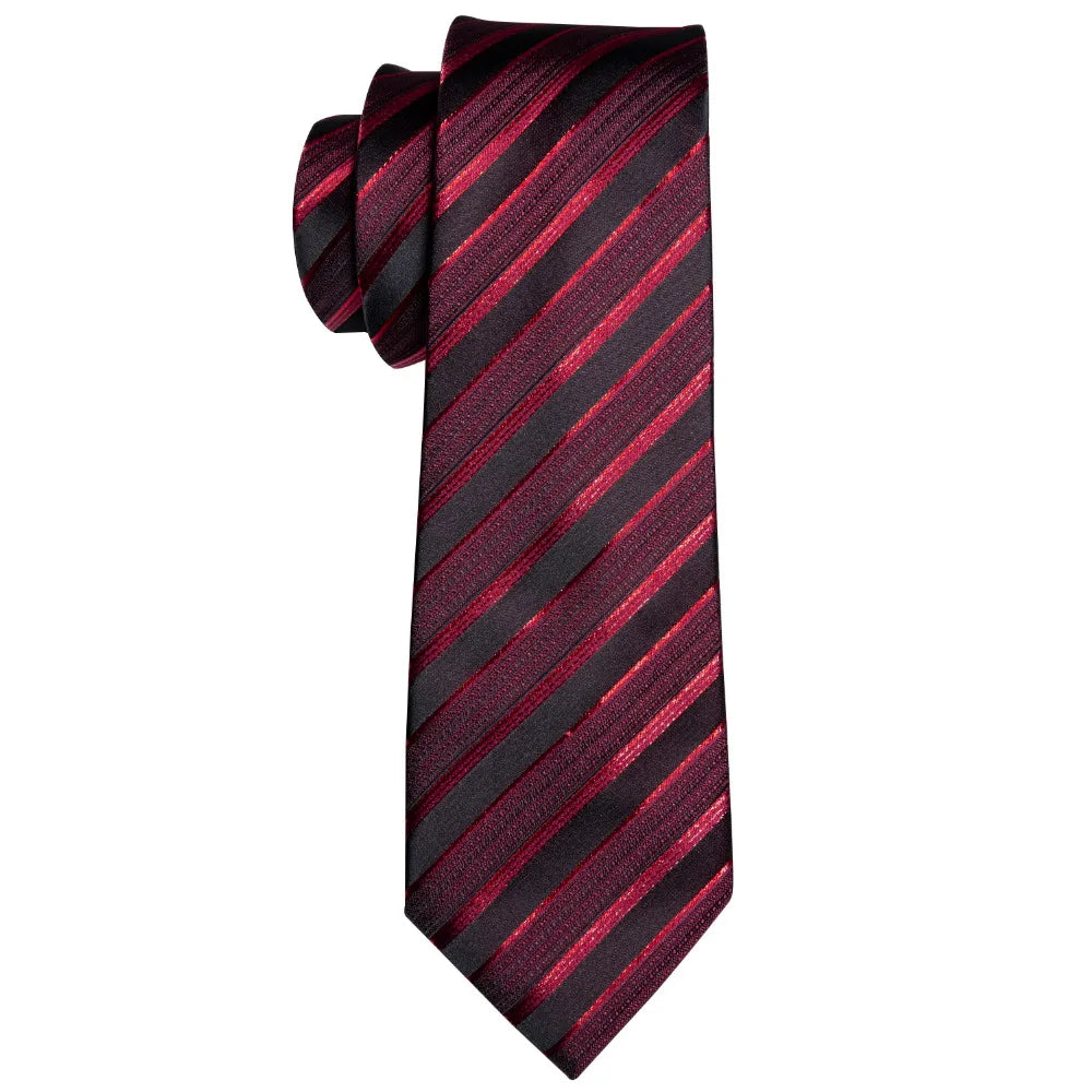 Men’s Luxury Red Striped Necktie Set. Silk Tie, Pocket Square & Cufflinks for Business, Wedding & Formal Wear