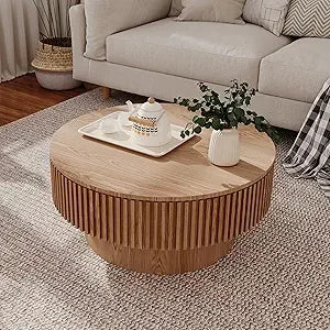 Round Coffee Table, Modern Black Side Table End Table for Living Room, Wood Circle Drum Coffee Table with Handcrafted Relief,
