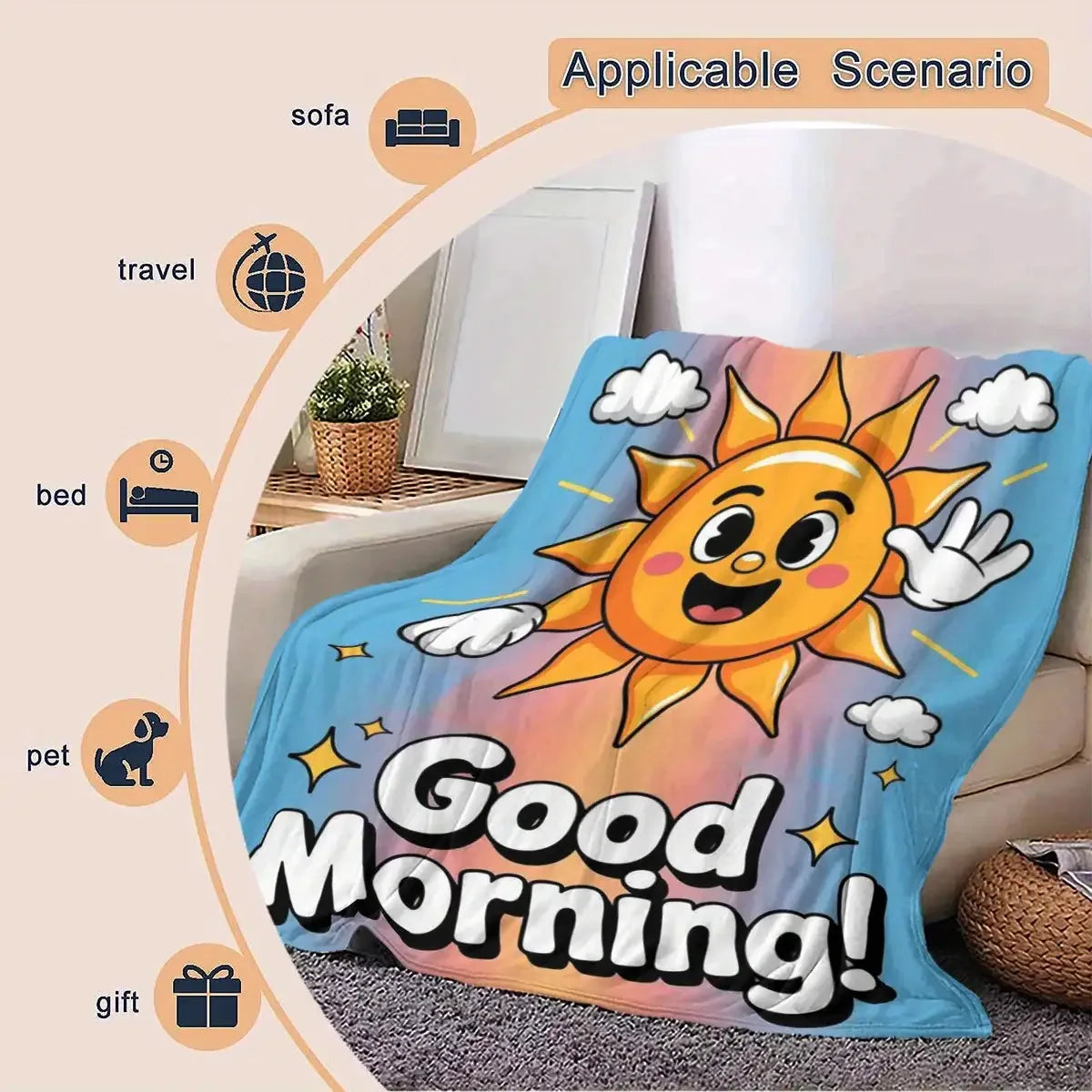 Sunshine & Rainbow “Good Morning” Cozy Flannel Throw Blanket