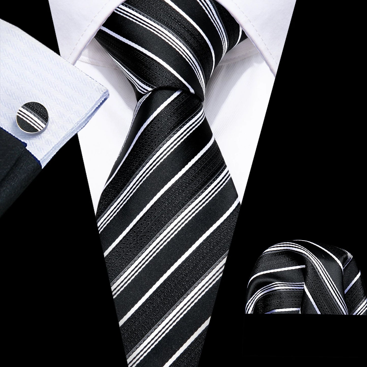 Men’s Luxury Red Striped Necktie Set. Silk Tie, Pocket Square & Cufflinks for Business, Wedding & Formal Wear
