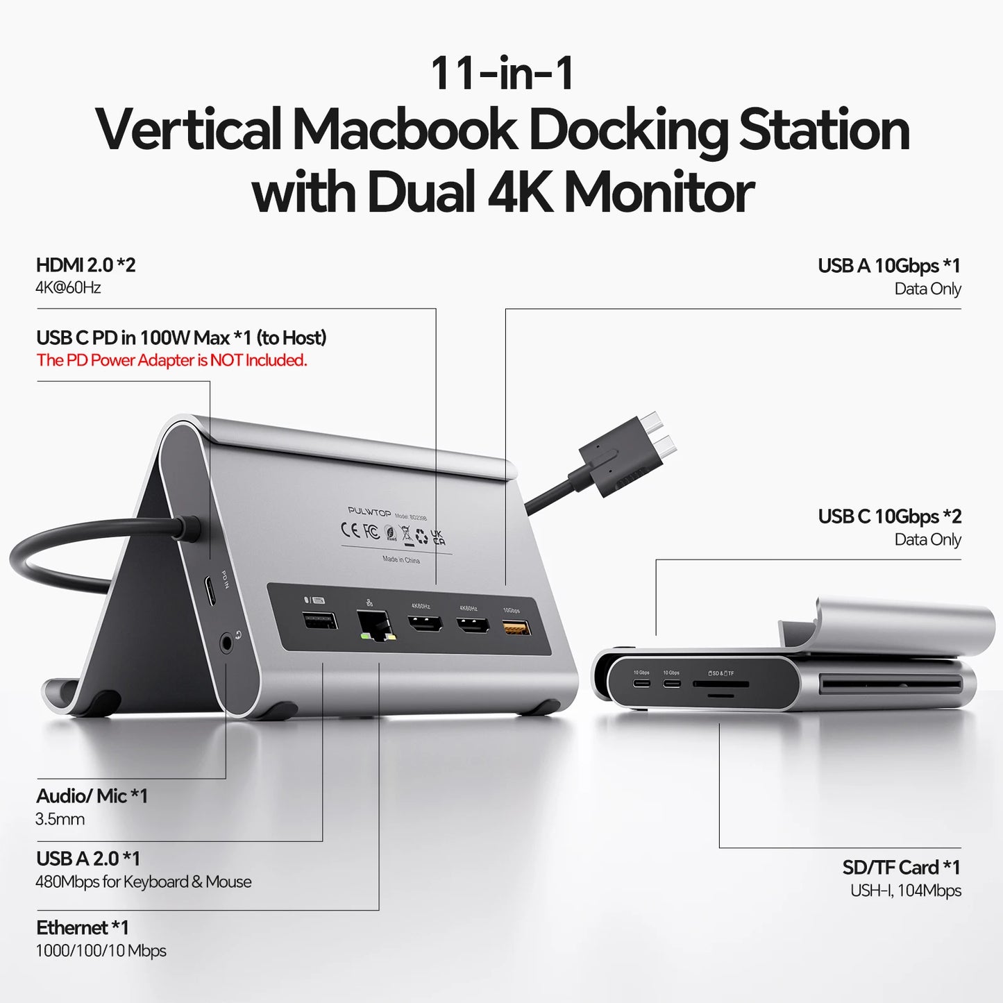 PULWTOP 11-in-1 USB-C Laptop Docking Station with Dual HDMI, Ethernet & Power Delivery