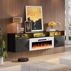 80 inch Floating TV Stand with 40" Electric Fireplace, Wall Mounted Electric Fireplace Entertainment Center with Storage Space,