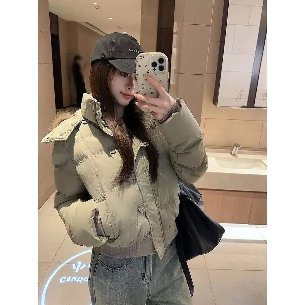 Women's Hooded Winter Puffer Jacket. Thick Padded Coat with Faux Fur Trim
